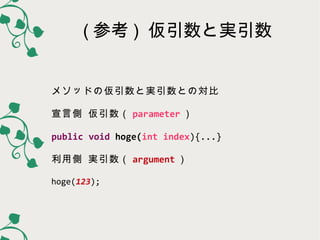 ( 参考 ) 仮引数と実引数
メソッドの仮引数と実引数との対比
宣言側 仮引数（ parameter ）
public void hoge(int index){...}
利用側 実引数（ argument ）
hoge(123);

 