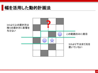 幅を活用した動的計画法


ココより上の置き方は
残りの置き方に影響を
与えない
             ?
                 この範囲のみに着目



                 ココより下はまだ石を
                 置いていない




                              20
 