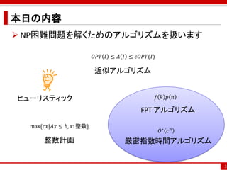 本日の内容
 NP困難問題を解くためのアルゴリズムを扱います

                           𝑂𝑃𝑇 𝐼 ≤ 𝐴 𝐼 ≤ 𝑐𝑂𝑃𝑇(𝐼)

                           近似アルゴリズム


ヒューリスティック                                          𝑓 𝑘 𝑝 𝑛

                                           FPT アルゴリズム

  max⁡ 𝑐𝑥|𝐴𝑥 ≤ 𝑏, 𝑥: 整数}
     {
                                                    𝑂∗ 𝑐 𝑛
       整数計画                          厳密指数時間アルゴリズム


                                                             3
 