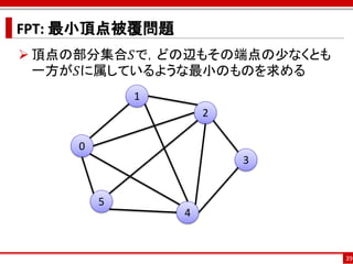 FPT: 最小頂点被覆問題
 頂点の部分集合𝑆で，どの辺もその端点の少なくとも
  一方が𝑆に属しているような最小のものを求める
             1
                     2

     0
                         3


         5
                 4


                             39
 