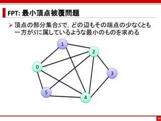 FPT: 最小頂点被覆問題
 頂点の部分集合𝑆で，どの辺もその端点の少なくとも
  一方が𝑆に属しているような最小のものを求める
             1
                     2

     0
                         3


         5
                 4


                             40
 