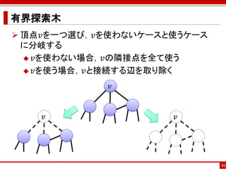 有界探索木
 頂点𝑣を一つ選び，𝑣を使わないケースと使うケース
  に分岐する
   𝑣を使わない場合，𝑣の隣接点を全て使う

   𝑣を使う場合，𝑣と接続する辺を取り除く

            𝑣



    𝑣                𝑣




                             45
 