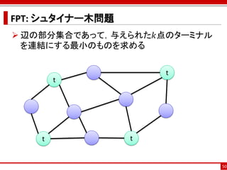 FPT: シュタイナー木問題
 辺の部分集合であって，与えられた𝑘点のターミナル
  を連結にする最小のものを求める


                     t
        t




    t            t


                             50
 