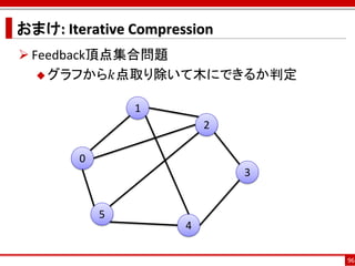 おまけ: Iterative Compression
 Feedback頂点集合問題
    グラフから𝑘点取り除いて木にできるか判定


                1
                          2

        0
                              3


            5
                      4

                                  96
 