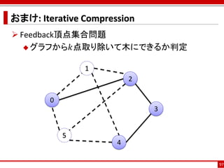 おまけ: Iterative Compression
 Feedback頂点集合問題
    グラフから𝑘点取り除いて木にできるか判定


                1
                          2

        0
                              3


            5
                      4

                                  97
 