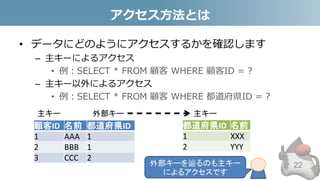 アクセス方法とは
• データにどのようにアクセスするかを確認します
– 主キーによるアクセス
• 例：SELECT * FROM 顧客 WHERE 顧客ID = ?
– 主キー以外によるアクセス
• 例：SELECT * FROM 顧客 WHERE 都道府県ID = ?
顧客ID 名前 都道府県ID
1 AAA 1
2 BBB 1
3 CCC 2
主キー 外部キー
都道府県ID 名前
1 XXX
2 YYY
主キー
外部キーを辿るのも主キー
によるアクセスです
22
 