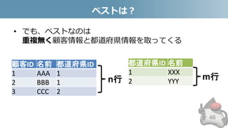 ベストは？
• でも、ベストなのは
重複無く顧客情報と都道府県情報を取ってくる
46
顧客ID 名前 都道府県ID
1 AAA 1
2 BBB 1
3 CCC 2
都道府県ID 名前
1 XXX
2 YYYn行 m行
 