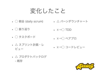 変化したこと
• ⃝ 朝会 (daily scrum)   • △ バーンダウンチャート
• ⃝ 振り返り               • ☓→⃝ TDD
• ⃝ タスクボード             • ☓→⃝ ペアプロ
• △ スプリント計画・レ          • ☓→⃝ コードレビュー
  ビュー


• △ プロダクトバックログ
  - 既存
 