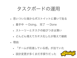 タスクボードの運用

• 思いついた端からポストイットに書いて貼る
 • 着手中 → Doing、 完了 → Done
 • ストーリーとタスクの結びつきは薄い
 • どんどん増えてカオス化したが敢えて継続
• 理由:
 • 「チームが前進している感」が出ていた
 • 設計変更が多くまだ手探りだった
 