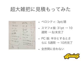 超大雑把に見積もってみた

     • ベロシティ: 3pt/週
     • スマフォ版: 31pt → 10
      週間 → 8/末完了

     • PC 版: 半分とするとさ
      らに 5週間 → 10月完了

     • 全然間に合わない
 