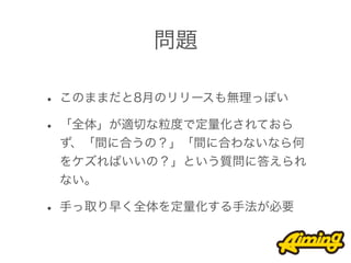 問題

• このままだと8月のリリースも無理っぽい
• 「全体」が適切な粒度で定量化されておら
 ず、「間に合うの？」「間に合わないなら何
 をケズればいいの？」という質問に答えられ
 ない。

• 手っ取り早く全体を定量化する手法が必要
 