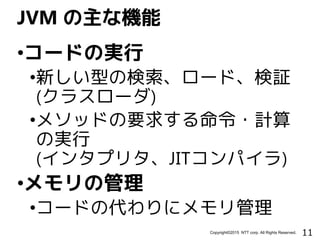 11Copyright©2015 NTT corp. All Rights Reserved.
•コードの実行
•新しい型の検索、ロード、検証
(クラスローダ)
•メソッドの要求する命令・計算
の実行
(インタプリタ、JITコンパイラ)
•メモリの管理
•コードの代わりにメモリ管理
JVM の主な機能
 