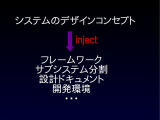 システムのデザインコンセプト
       inject

   フレームワーク
  サブシステム分割
  設計ドキュメント
    開発環境
      ・・・
 