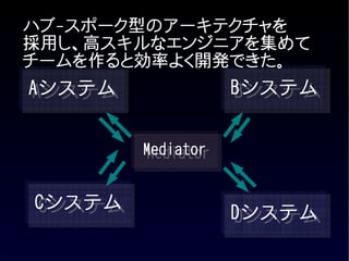 ハブ-スポーク型のアーキテクチャを
採用し、高スキルなエンジニアを集めて
チームを作ると効率よく開発できた。
Aシステム              Bシステム


        Mediator


Cシステム
                   Dシステム
 