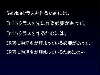 Serviceクラスを作るためには、
Entityクラスを先に作る必要があって、

Entityクラスを作るためには、
ER図に物理名が埋まっている必要があって、

ER図に物理名が埋まっているためには…
 