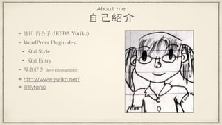 池田 百合子 (IKEDA Yuriko)
WordPress Plugin dev.
Ktai Style
Ktai Entry
写真好き (love photography)
http://www.yuriko.net/
@lilyfanjp
 