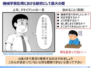 16
機械学習応用における最初にして最大の壁
https://twitter.com/tdualdir/status/921385335157694464
何も定まってない・・・
◼ 機械学習で何がしたいか？
◼ 何を学習するか？
◼ どう学習するか？
◼ 良し悪しをどう測るか？
◼ どこまでできるとよいか？
上司、クライアントの一言
AIありきで見切り発車するのはやめましょう
これらが決まっていないと何も開発できないと思って下さい
決めること（再掲）
 