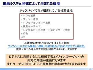 23
推薦システム開発によって生まれた機能
具体的な取り組みについては下記を参照
クックパッドにおける推薦（と検索）の取り組み-99%の失敗と1%の成功-
推薦システム導入までの試行錯誤が良く伝わってきます
ビジネスに貢献するには機械学習とドメイン（ターゲット）の
両方の知識が重要になります
またターゲット設定しだいで開発物の価値は大きく変わります
クックパッドで取り組まれている推薦機能
 