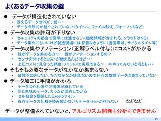 25
よくあるデータ収集の壁
データが整備されていないと、アルゴリズム開発も分析もできません
⚫ データが構造化されていない
• 貰えるデータはPDF、紙・・・
• データの形式が統一されていない（タイトル、ファイル形式、フォーマットなど）
⚫ データ収集の許可が下りない
• セキュリティの都合で簡単には渡せない（機微情報が含まれる、クラウドはNG）
• データ集めてもいいけど製造現場には影響なきように（通信帯域、サイクルタイム等）
⚫ データ収集やアノテーション（正解ラベル付与）にコストがかかる
• 誰がデータを集めるの？ 誰がアノテーションするの？
• センサを付けるとコストが増えるんだけど・・・
• 上記コストに見合った精度（メリット）は実現できる？ ⇒やってみないと何とも・・・
⚫ そもそも必要なデータがなかなか集まらない
• 故障予知をしたい。ただなかなか壊れないので肝心の故障データは集まっていない
⚫ データ加工に手間がかかる
• データに外れ値や欠損値が紛れている
• 同じ意味のデータ、カラムが混在している
• セル結合を駆使したExcelファイル
• 保存データの仕様を読み解かないとデータセットが作れない などなど
 