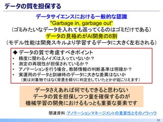 32
データの質を担保する
関連資料：アノテーションマネージメントの重要性とそのノウハウ
◆データの質で考慮すべきポイント
• 精度に関わるノイズは入っていないか？
• 測定の再現性が担保されているか？
• アノテーションを行う場合、教師情報の判断基準は明確か？
• 実運用のデータと訓練時のデータに大きな差異はないか
（実は対象物ではなく背景を頼りに判定をしていたとかが起こりえます）
データさえあれば何でもできると思わない
データの質を担保しつつ量を確保するのが
機械学習の開発におけるもっとも重要な要素です
データサイエンスにおける一般的な認識
"Garbage in, garbage out“
（ゴミみたいなデータを入れても返ってくるのはゴミだけである）
データの見極めがAI開発の8割
（モデル性能は開発スキルより学習するデータに大きく左右される）
 