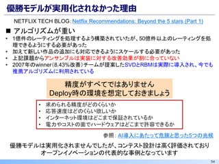 54
優勝モデルが実用化されなかった理由
NETFLIX TECH BLOG：Netflix Recommendations: Beyond the 5 stars (Part 1)
◼ アルゴリズムが重い
• 1億件のレーティングを処理するよう構築されていたが、50億件以上のレーティングを処
理できるようにする必要があった
• 加えて新しい作品の追加にも対応できるようにスケールする必要があった
• 上記課題からアンサンブルは実装に対する改善効果が割に合っていない
• 2007年のwinner（8.43%改善）チームが提案したSVDとRBMは実際に導入され、今でも
推薦アルゴリズムに利用されている
• 求められる精度がどのくらいか
• 応答速度はどのくらい欲しいか
• インターネット環境はどこまで保証されているか
• 電力やコストの面でハードウェアはどこまで許容できるか
精度がすべてではありません
Deploy時の環境を想定しておきましょう
優勝モデルは実用化されませんでしたが、コンテスト設計は高く評価されており
オープンイノベーションの代表的な事例となっています
参照： AI導入にあたって危険と思った5つの兆候
 