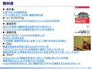 81
教科書
⚫ 教科書
仕事ではじめる機械学習
ハマって覚えるデータ分析・機械学習の罠
⚫ コースプログラム
「AI For Everyone」（TechTargetジャパンによるまとめ記事）
⚫ 講演資料
あなたの業務に機械学習を活用する5つのポイント
ブレインパッドにおける機械学習プロジェクトの進め方
⚫ 連載記事
ITmedia NEWS これからのAIの話をしよう
知らないと失敗するAI
「その課題、機械学習本当に必要？」どこで勝つかを考えるAI導入
⚫ Qiita
機械学習案件を料理に例えると分かりやすい件
「ＡＩで〇〇したいんだけど」の相談前に確認してほしい３つのこと
機械学習を使った事業を成功させるために必要な考え方や人材、フェーズとは？
⚫ ブログ
AI(deep learningや機械学習)導入にあたって危険と思った5つの兆候
機械学習プロジェクトが失敗する9つの理由
Googleの研究者が教える、良い機械学習プロダクトを実装するための43のルール
 