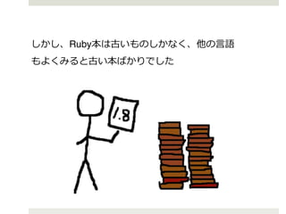 しかし、Ruby本は古いものしかなく、他の⾔言語!
もよくみると古い本ばかりでした!

 