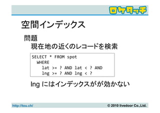 空間インデックス
       問題
        現在地の近くのレコードを検索
             SELECT * FROM spot
               WHERE
                 lat >= ? AND lat < ? AND
                 lng >= ? AND lng < ?

            lng にはインデックスがが効かない

http://tou.ch/                              © 2010 livedoor Co.,Ltd.
 