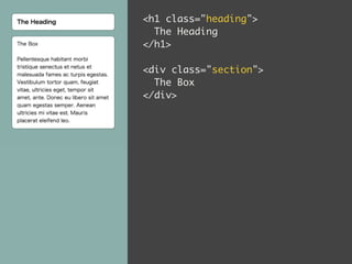 h1 class=heading 
The Heading 
/h1 
! 
div class=section 
The Box 
/div 
 