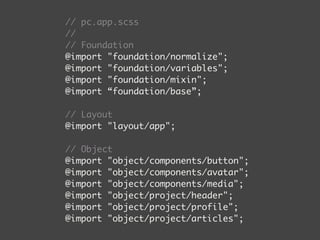 // pc.app.scss 
// 
// Foundation 
@import foundation/normalize; 
@import foundation/variables; 
@import foundation/mixin; 
@import “foundation/base”; 
! 
// Layout 
@import layout/app; 
! 
// Object 
@import object/components/button; 
@import object/components/avatar; 
@import object/components/media; 
@import object/project/header; 
@import object/project/profile; 
@import object/project/articles; 
 