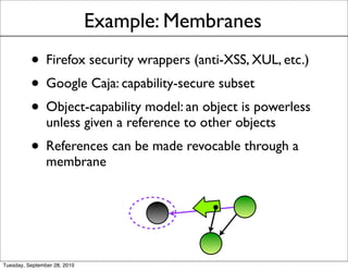 Example: Membranes
          • Firefox security wrappers (anti-XSS, XUL, etc.)
          • Google Caja: capability-secure subset
          • Object-capability model: an object is powerless
                unless given a reference to other objects
          • References can be made revocable through a
                membrane




Tuesday, September 28, 2010
 