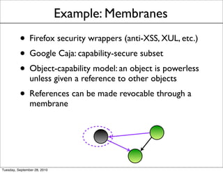 Example: Membranes
          • Firefox security wrappers (anti-XSS, XUL, etc.)
          • Google Caja: capability-secure subset
          • Object-capability model: an object is powerless
                unless given a reference to other objects
          • References can be made revocable through a
                membrane




Tuesday, September 28, 2010
 