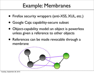 Example: Membranes
          • Firefox security wrappers (anti-XSS, XUL, etc.)
          • Google Caja: capability-secure subset
          • Object-capability model: an object is powerless
                unless given a reference to other objects
          • References can be made revocable through a
                membrane




Tuesday, September 28, 2010
 