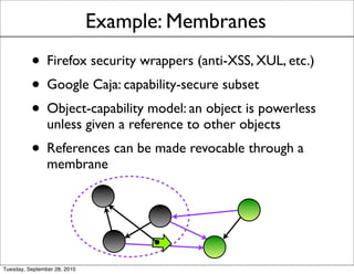 Example: Membranes
          • Firefox security wrappers (anti-XSS, XUL, etc.)
          • Google Caja: capability-secure subset
          • Object-capability model: an object is powerless
                unless given a reference to other objects
          • References can be made revocable through a
                membrane




Tuesday, September 28, 2010
 