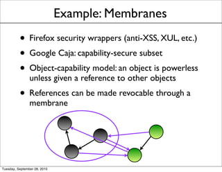 Example: Membranes
          • Firefox security wrappers (anti-XSS, XUL, etc.)
          • Google Caja: capability-secure subset
          • Object-capability model: an object is powerless
                unless given a reference to other objects
          • References can be made revocable through a
                membrane




Tuesday, September 28, 2010
 