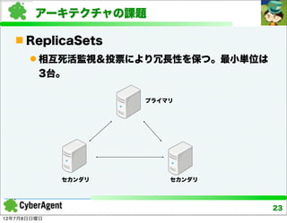 アーキテクチャの課題

    ReplicaSets
       相互死活監視＆投票により冗長性を保つ。最小単位は
        3台。

                     プライマリ




             セカンダリ       セカンダリ




                                   23
12年7月8日日曜日
 