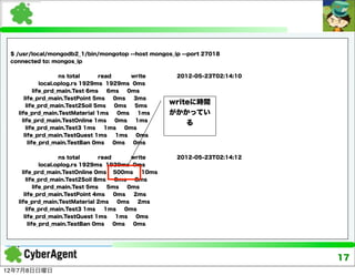 $ /usr/local/mongodb2_1/bin/mongotop --host mongos_ip --port 27018
 connected to: mongos_ip


                     ns total     read       write      2012-05-23T02:14:10
              local.oplog.rs 1929ms 1929ms 0ms
           life_prd_main.Test 6ms    6ms    0ms
      life_prd_main.TestPoint 5ms      0ms    3ms
       life_prd_main.Test2Soil 5ms     0ms    5ms
                                                       writeに時間
   life_prd_main.TestMaterial 1ms        0ms   1ms     がかかってい
     life_prd_main.TestOnline 1ms       0ms   1ms
                                                           る
       life_prd_main.Test3 1ms      1ms    0ms
      life_prd_main.TestQuest 1ms       1ms    0ms
        life_prd_main.TestBan 0ms      0ms   0ms


                     ns total     read      write       2012-05-23T02:14:12
              local.oplog.rs 1929ms 1929ms 0ms
     life_prd_main.TestOnline 0ms 500ms         10ms
       life_prd_main.Test2Soil 8ms     0ms   8ms
           life_prd_main.Test 5ms    5ms   0ms
      life_prd_main.TestPoint 4ms      0ms   2ms
   life_prd_main.TestMaterial 2ms       0ms   2ms
       life_prd_main.Test3 1ms      1ms   0ms
      life_prd_main.TestQuest 1ms       1ms   0ms
        life_prd_main.TestBan 0ms      0ms  0ms




                                                                              17
12年7月8日日曜日
 