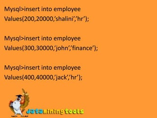 Mysql&gt;insert into employeeValues(200,20000,’shalini’,’hr’);Mysql&gt;insert into employeeValues(300,30000,’john’,’finance’);Mysql&gt;insert into employeeValues(400,40000,’jack’,’hr’);