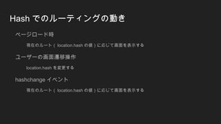 Hash でのルーティングの動き
ページロード時
現在のルート（ location.hash の値）に応じて画面を表示する
ユーザーの画面遷移操作
location.hash を変更する
hashchange イベント
現在のルート（ location.hash の値）に応じて画面を表示する
 