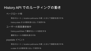 History API でのルーティングの動き
ページロード時
現在のルート（ location.pathname の値）に応じて画面を表示する
history.state から状態を取り出して利用する
ユーザーの画面遷移操作
history.pushState で遷移先ルートを設定する
遷移先ルートの画面を表示する
popstate イベント
現在のルート（ location.pathname の値）に応じて画面を表示する
e.state から状態を取り出して利用する
 