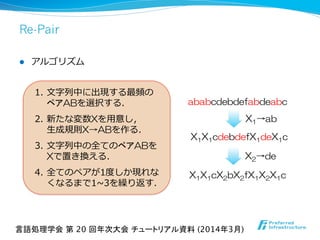 l  アルゴリズム
Re-Pair
1.  ⽂文字列列中に出現する最頻の
ペアABを選択する．
2.  新たな変数Xを⽤用意し，
⽣生成規則X→ABを作る．
3.  ⽂文字列列中の全てのペアABを
Xで置き換える．
4.  全てのペアが1度度しか現れな
くなるまで1~∼3を繰り返す．
ababcdebdefabdeabc
X1→ab
X1X1cdebdefX1deX1c
X2→de
X1X1cX2bX2fX1X2X1c
言語処理学会 第 20 回年次大会 チュートリアル資料 (2014年3月)	
 