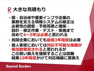 大きな見積もり
• 国・自治体や重要インフラ企業の
業務を支える情報システムの修正は
必要性の調査・予算見積と確保・
設計・修正作業・テスト・実施まで
含めて4～5年は必要と思われる
• 民間企業においても最低3年程度は必要
• 個人家庭においては対応不可能な機器が
相当数発見されると思われるが
この買い換えを強制することは困難
結果10年程度かけて対応機器に置換え
 