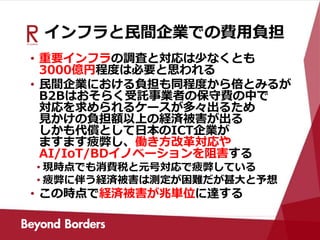 インフラと民間企業での費用負担
• 重要インフラの調査と対応は少なくとも
3000億円程度は必要と思われる
• 民間企業における負担も同程度から倍とみるが
B2Bはおそらく受託事業者の保守費の中で
対応を求められるケースが多々出るため
見かけの負担額以上の経済被害が出る
しかも代償として日本のICT企業が
ますます疲弊し、働き方改革対応や
AI/IoT/BDイノベーションを阻害する
• 現時点でも消費税と元号対応で疲弊している
• 疲弊に伴う経済被害は測定が困難だが甚大と予想
• この時点で経済被害が兆単位に達する
 