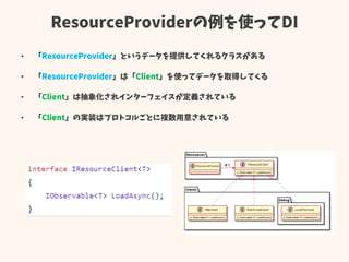 ResourceProviderの例を使ってDI
• 「ResourceProvider」というデータを提供してくれるクラスがある
• 「ResourceProvider」は「Client」を使ってデータを取得してくる
• 「Client」は抽象化されインターフェイスが定義されている
• 「Client」の実装はプロトコルごとに複数用意されている
 