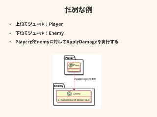 だめな例
• 上位モジュール：Player
• 下位モジュール：Enemy
• PlayerがEnemyに対してApplyDamageを実行する
 