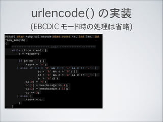 urlencode() の実装
(EBCDIC モード時の処理は省略)
PHPAPI char *php_url_encode(char const *s, int len, int
*new_length)!
{!
********************** SNIP *********************!
while (from < end) {!
c = *from++;!
!
if (c == ' ') {!
*to++ = '+';!
} else if ((c < '0' && c != '-' && c != '.') ||!
(c < 'A' && c > '9') ||!
(c > 'Z' && c < 'a' && c != '_') ||!
(c > 'z')) {!
to[0] = '%';!
to[1] = hexchars[c >> 4];!
to[2] = hexchars[c & 15];!
to += 3;!
} else {!
*to++ = c;!
}!
}
 