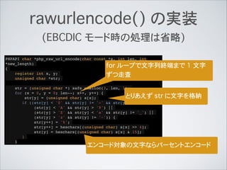 PHPAPI char *php_raw_url_encode(char const *s, int len, int
*new_length)!
{!
register int x, y;!
unsigned char *str;!
!
str = (unsigned char *) safe_emalloc(3, len, 1);!
for (x = 0, y = 0; len--; x++, y++) {!
str[y] = (unsigned char) s[x];!
if ((str[y] < '0' && str[y] != '-' && str[y] != '.') ||!
(str[y] < 'A' && str[y] > '9') ||!
(str[y] > 'Z' && str[y] < 'a' && str[y] != '_') ||!
(str[y] > 'z' && str[y] != '~')) {!
str[y++] = '%';!
str[y++] = hexchars[(unsigned char) s[x] >> 4];!
str[y] = hexchars[(unsigned char) s[x] & 15];!
}!
}
rawurlencode() の実装
(EBCDIC モード時の処理は省略)
for ループで文字列終端まで 1 文字
ずつ走査
エンコード対象の文字ならパーセントエンコード
とりあえず str に文字を格納
 