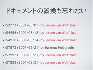 ドキュメントの置換も忘れない
• r53773 (2001/08/07) by Jeroen van Wolffelaar
• r54456 (2001/08/12) by Jeroen van Wolffelaar
• r54918 (2001/08/14) by Jeroen van Wolffelaar
• r57972 (2001/09/21) by Hartmut Holzgraefe
• r57997 (2001/09/21) by Jeroen van Wolffelaar
• r57999 (2001/09/21) by Jeroen van Wolffelaar
 