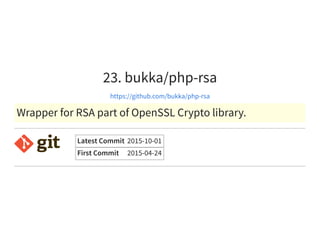 23. bukka/php-rsa
https://github.com/bukka/php-rsa
Wrapper for RSA part of OpenSSL Crypto library.
Latest Commit 2015-10-01
First Commit 2015-04-24
 