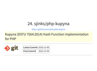 24. sjinks/php-kupyna
https://github.com/sjinks/php-kupyna
Kupyna (DSTU 7564:2014) Hash Function implementation
for PHP
Latest Commit 2016-12-09
First Commit 2016-12-04
 